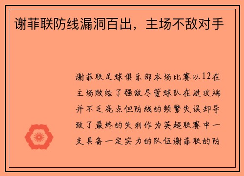 谢菲联防线漏洞百出，主场不敌对手