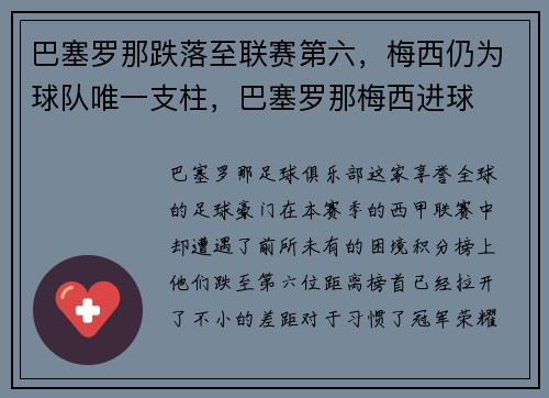 巴塞罗那跌落至联赛第六，梅西仍为球队唯一支柱，巴塞罗那梅西进球