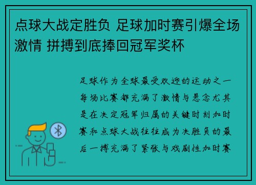点球大战定胜负 足球加时赛引爆全场激情 拼搏到底捧回冠军奖杯