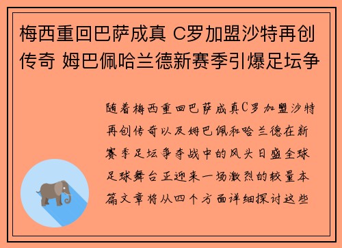 梅西重回巴萨成真 C罗加盟沙特再创传奇 姆巴佩哈兰德新赛季引爆足坛争夺战
