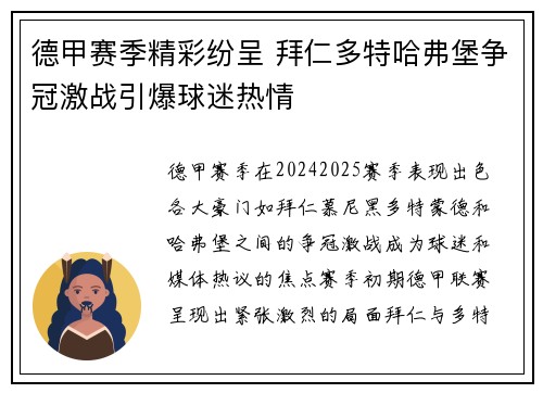 德甲赛季精彩纷呈 拜仁多特哈弗堡争冠激战引爆球迷热情