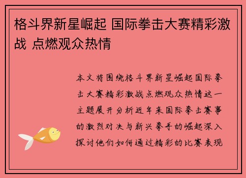 格斗界新星崛起 国际拳击大赛精彩激战 点燃观众热情