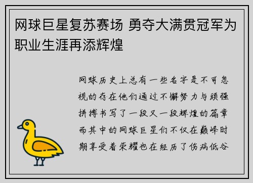 网球巨星复苏赛场 勇夺大满贯冠军为职业生涯再添辉煌